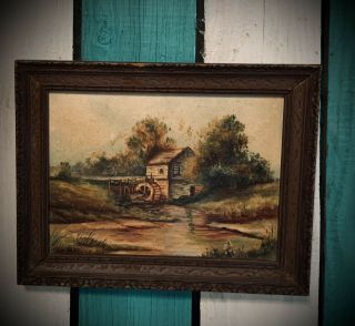 Antique Old Farmhouse Painting Primitive Wood Carved Picture Frame 1930’s 223