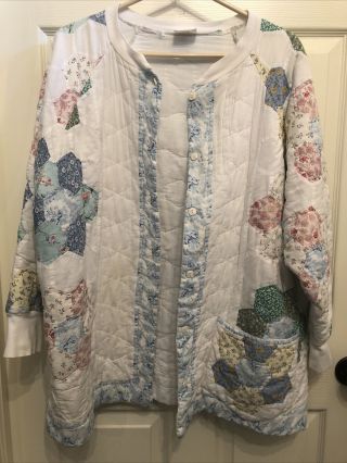 Vintage Hand Made Quilted White Patchwork Multi - Color Button Up Jacket Women’s L