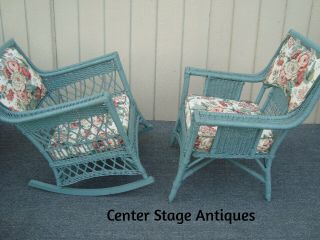 61848 Pair Antique Wicker Chair,  Rocker W/ Upholstered Back