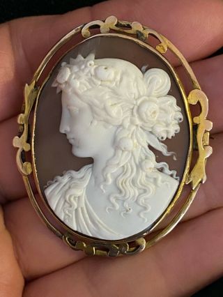 Antique 10k Gold Hand Carved Cameo Brooch Incredible Carving Made In 1780 - 1820.