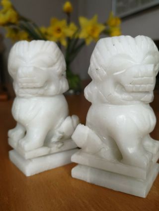 A Vintage Marble? Alabaster? White Stone Carved Foo Dogs 10cm 4inch Tall