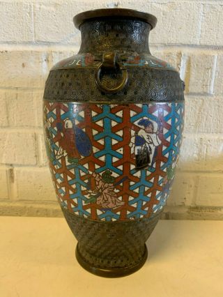 Antique Chinese Qing / Republic Bronze Cloisonne Enamel Vase w/ Immortals Dec. 2