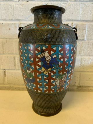 Antique Chinese Qing / Republic Bronze Cloisonne Enamel Vase w/ Immortals Dec. 3