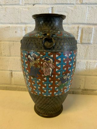 Antique Chinese Qing / Republic Bronze Cloisonne Enamel Vase w/ Immortals Dec. 4