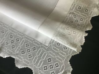 Stunning Antique Irish Linen Tablecloth Deep Hand Crochet Lace Trim