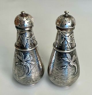 Antique Sterling Silver Whiting Salt & Pepper Shakers Embossed Dragon Fly Wasp