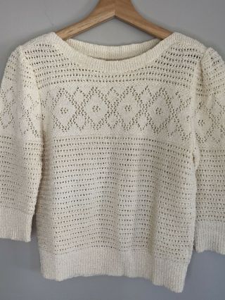 Vintage 60s 70s Puff Sleeve Cream Women’s Grandma Knit Sweater Usa Made