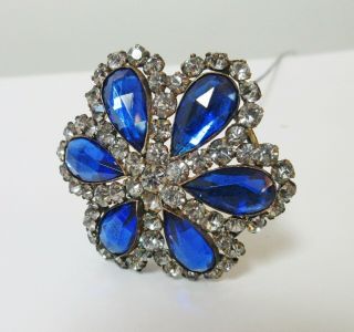 Antique Hatpin Large Faceted Blue Glass Rhinestones Flower