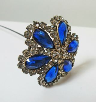 Antique Hatpin Large Faceted Blue Glass Rhinestones Flower 3