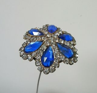 Antique Hatpin Large Faceted Blue Glass Rhinestones Flower 4
