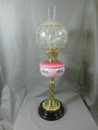 Antique Victorian Brass And Cranberry Glass Oil Lamp With Duplex Oil Lamp Shade