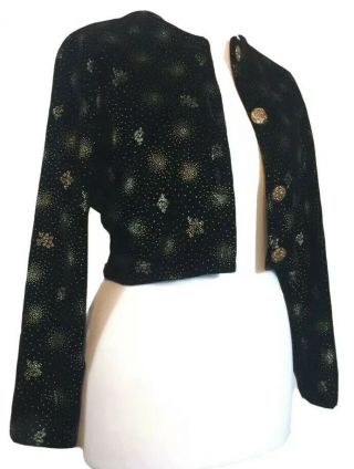 Vintage Black Velvet Jacket Cropped Bolero Uk 12 Gold Sparkly Steampunk Occasi