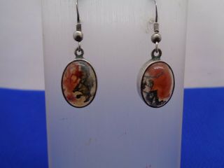 Antique Vintage Sterling Silver & Scottish Moss Agate Earrings