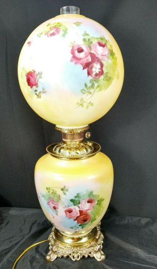 Victorian Fostoria Banquet Oil Lamp Hand Painted Roses Gwtw 12 " Ball Shade