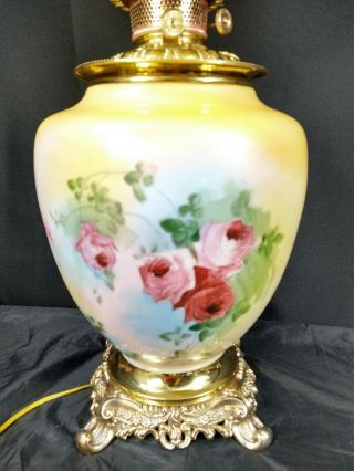 Victorian Fostoria Banquet Oil Lamp Hand Painted Roses GWTW 12 