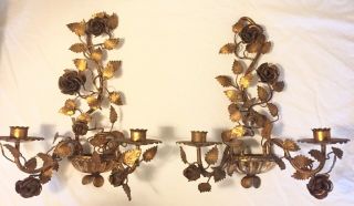 Vintage Gilt Pair 2 Metal Tole 2 - Arm Wall Candelabra Candle Sconces Roses Leaves