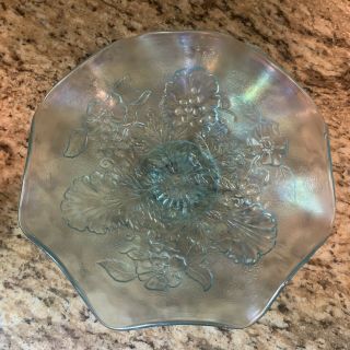 Antique Northwood Grape Leaves & Flowers Ice Blue Carnival Glass Bowl