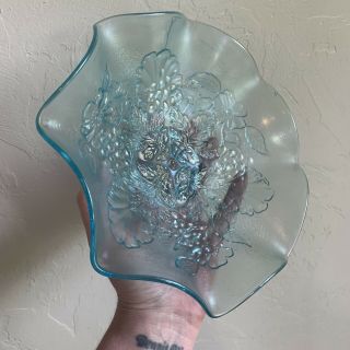 Antique Northwood Grape Leaves & Flowers Ice Blue Carnival Glass Bowl 3
