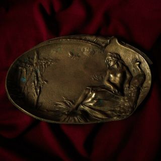 Antique Bronze Art Nouveau Nude Lady Peacock Lake French Jewelry Card Tray Heavy 2