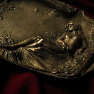 Antique Bronze Art Nouveau Nude Lady Peacock Lake French Jewelry Card Tray Heavy 3