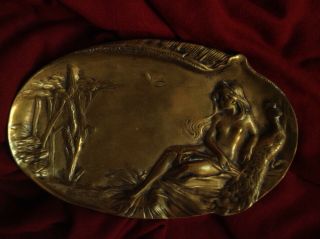Antique Bronze Art Nouveau Nude Lady Peacock Lake French Jewelry Card Tray Heavy 4
