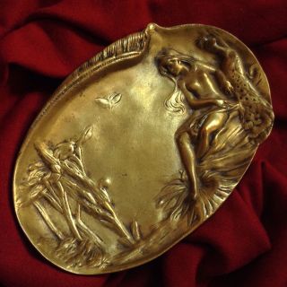 Antique Bronze Art Nouveau Nude Lady Peacock Lake French Jewelry Card Tray Heavy 5