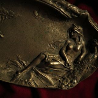 Antique Bronze Art Nouveau Nude Lady Peacock Lake French Jewelry Card Tray Heavy 6