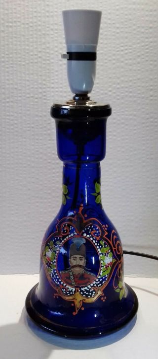Antique Persian Bristol Blue Enamel Glass Hookah Base Converted To A Stunning