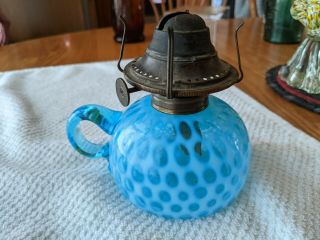 Antique Victorian Hobbs Windows Blue Opalescent Finger Oil Or Kerosene Lamp