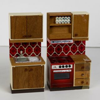 Vintage Lundby Doll House Furniture Red Continental Kitchen Cooker,  Sink Unit