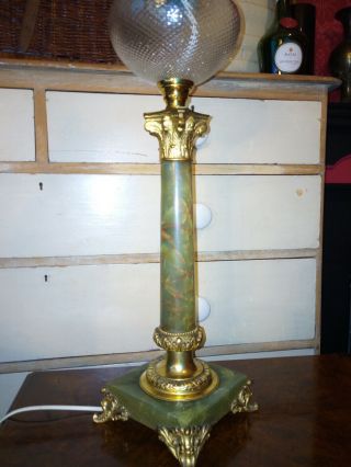 Antique Tall French Red Veined Onyx Oil Lamp Converted To Electricity