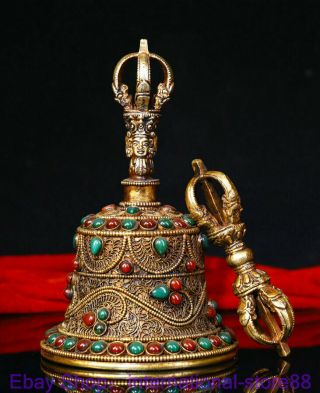 6.  8 " Rare Old Tibetan Filigree Gold Gems Buddhism Dorje Vajra Bell & Holder