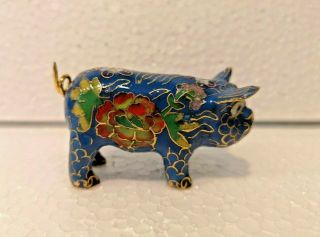 Vintage Chinese Brass Cloisonne Enamel Floral Blue Pig Miniature Figurine P21