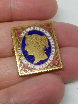 Vintage Antique Brass & Enamel Pin Badge Inland Revenue One Penny Stamp As Seen