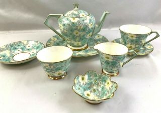 8 Pc Antique Paragon China Chintz Chippendale Pale Blue Floral Teapot Tea Set