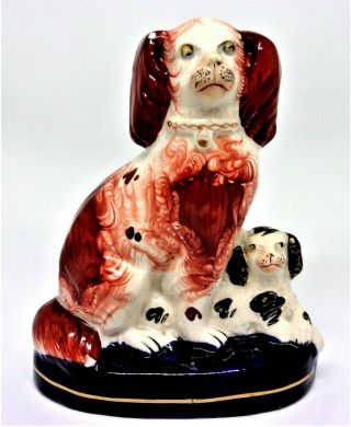 Antique Staffordshire Pottery Dog Group - Spaniel With Puppy.