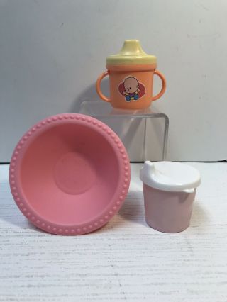 Baby Doll Dishes - Pink Bowl W 2 Sippy Cups - Vintage Unbranded