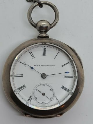 Antique 1887 ELGIN Victorian ' Key Wind ' Coin Silver Pocket Watch w/Chain 4