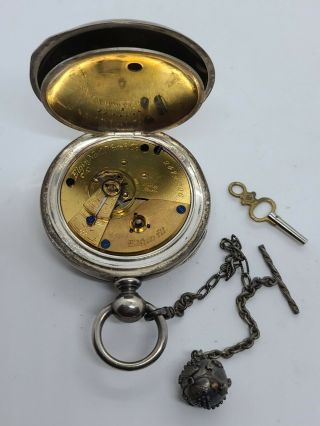 Antique 1887 ELGIN Victorian ' Key Wind ' Coin Silver Pocket Watch w/Chain 5