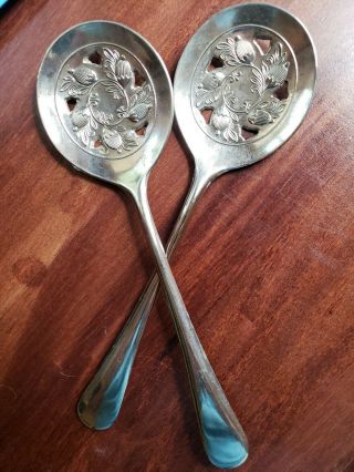 2 Vintage Leonard Silver Plated Slotted Serving Spoons W/ Acorn Design Italy