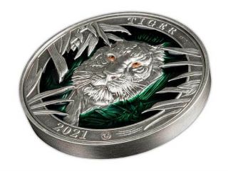 Tiger Colours Of Wildlife 3 Oz Antique Finish Silver Coin 5$ Barbados 2021