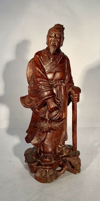 Antique Asian Carved Wood Statue - Man W/staff - Realistic Eyes - 8”