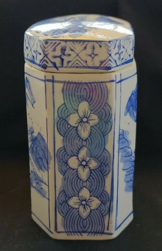 Vintage Blue & White Chinese Porcelain Tea Caddy 2