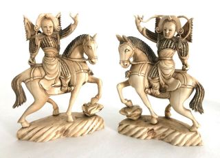 Antique Early 20th C.  Chinese Carved Emperors / Warriors On Horses