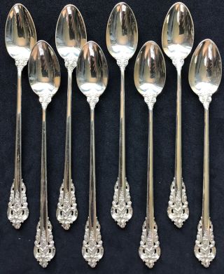 Set Eight (8) Sterling Silver Wallace Grand Baroque Long Ice Tea Spoons Great