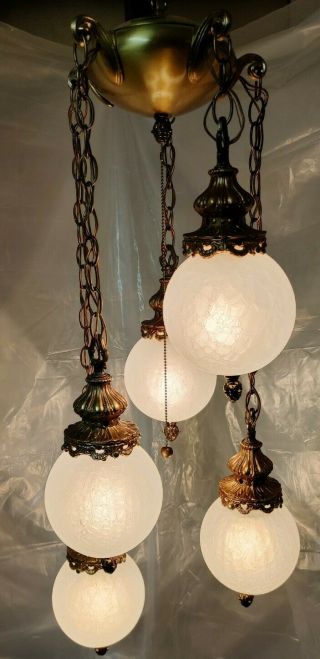 Vintage Swag Hanging Pendant 5 Light Regency Chandelier Fixture Crackle Globes