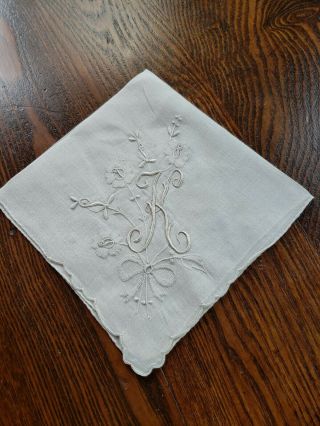 Vtg 1940s Linen Hanky Initial Monogram K Madeira Fancy Embroidery Hemstitch