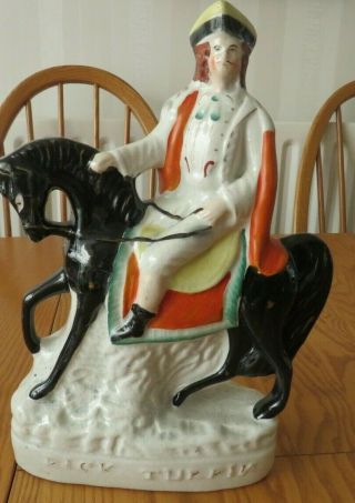 Antique Staffordshire Figure Of Dick Turpin Black Horse Pink Eyes