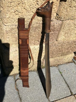 Antique Mandau Dayak Headhunters Sword / Machete With Wood Scabbard Borneo