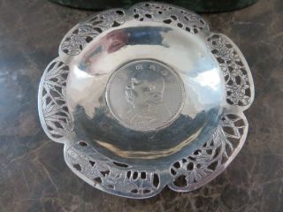 Fine Antique Solid Silver Chinese Export Signed Wang Hing Rare Coin Dish